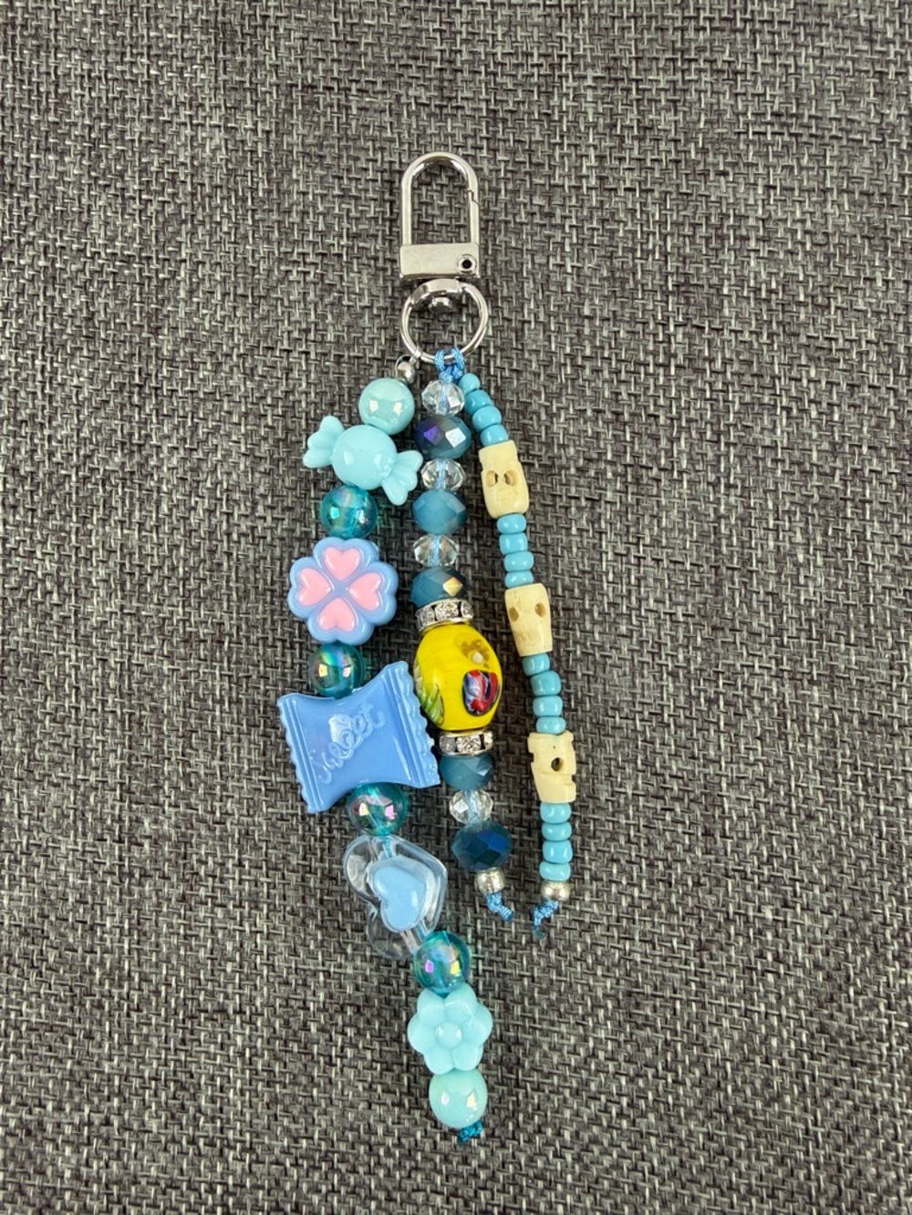 Handmade Bag Charm Blue Beaded Keychain Flower Heart Spring Summer Vibe